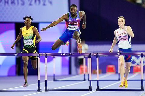 Rai Benjamin competes during the men's 400-meter hurdles final